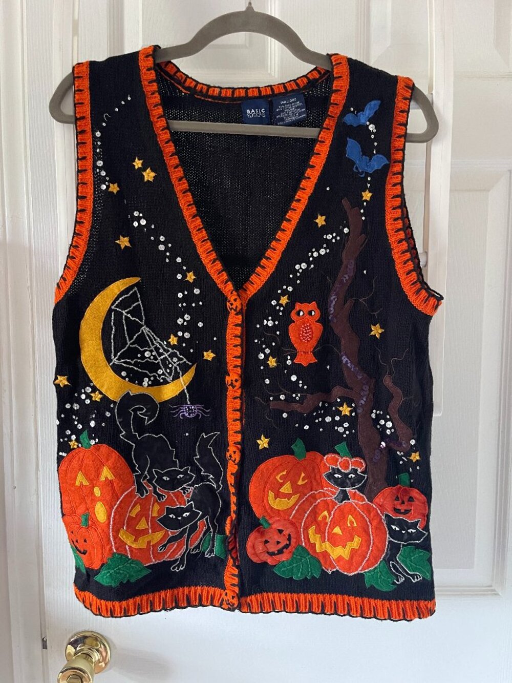 VTG Basic Editions Halloween Sweater Vest Small Black Cats Pumpkins Moon Owl